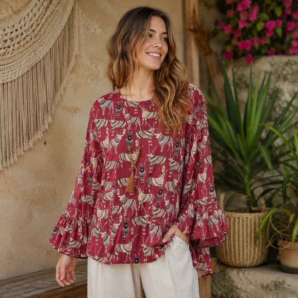 Cost Plus World Market Tops - World Market Womens Boho Antelope Tunic Top Sz L/XL Bell Sleeve Novelty Animal‎